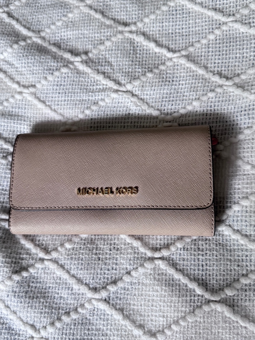 Michael Kors Pink-Taupe Saffiano Trifold Wallet with Gold Logo